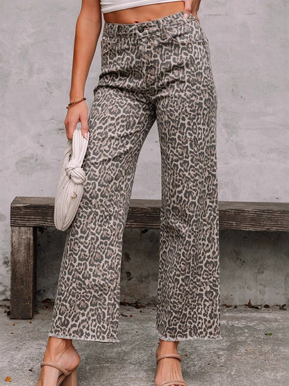 High Waisted Leopard Pockets Jean Pants Bottoms