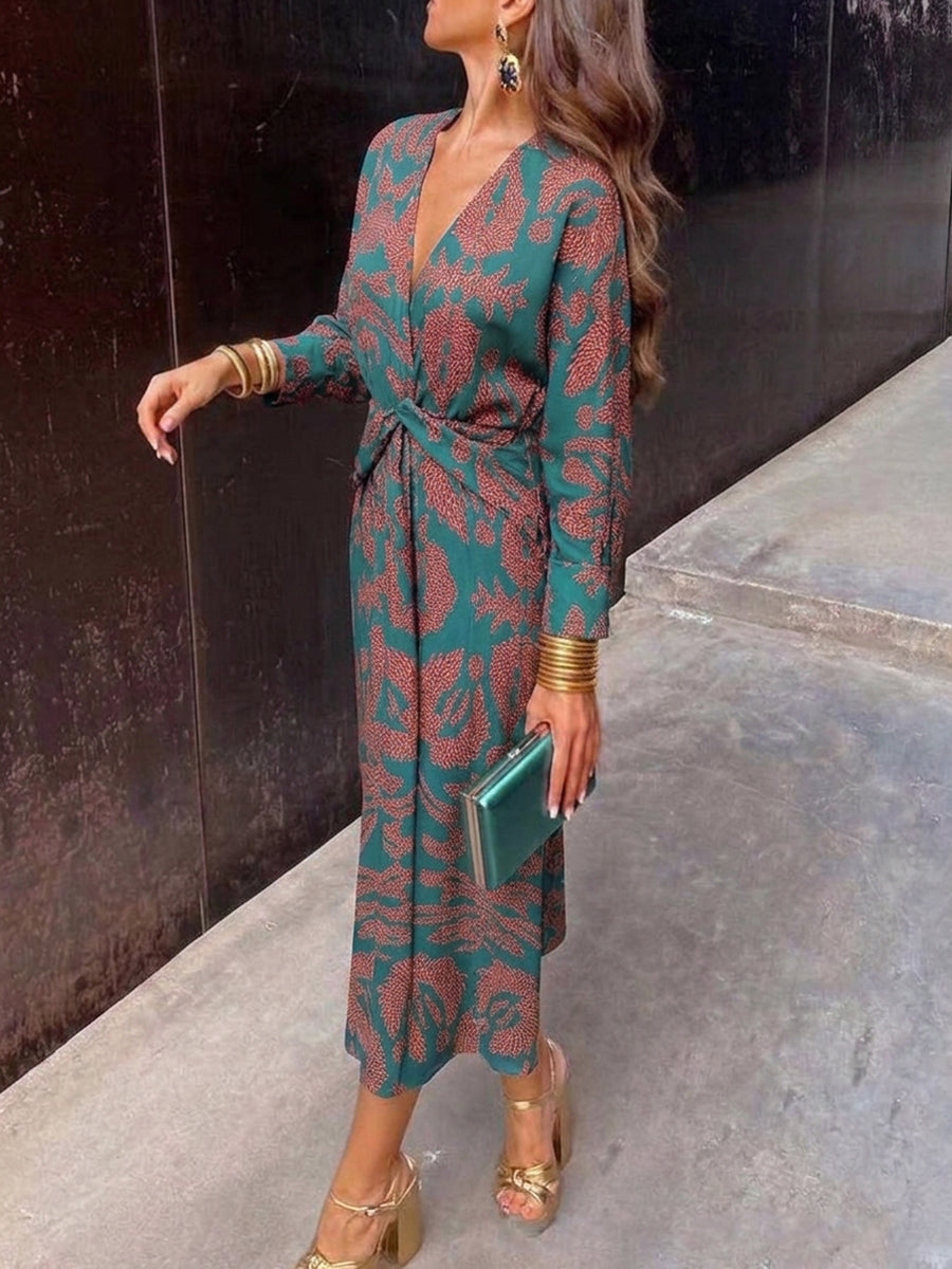 High Waisted Long Sleeves Contrast Color Knot Printed Deep V-Neck Midi Dresses