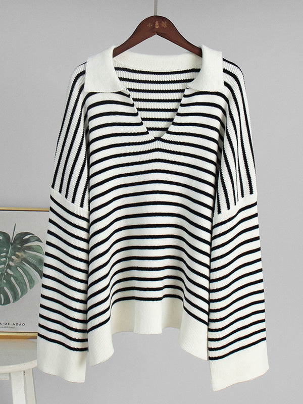 Long Sleeves Loose Split-Joint Striped Lapel Sweater Tops