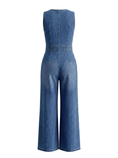 High Waisted Sleeveless Pleated Pockets Solid Color Zipper Round-Neck Jumpsuits
