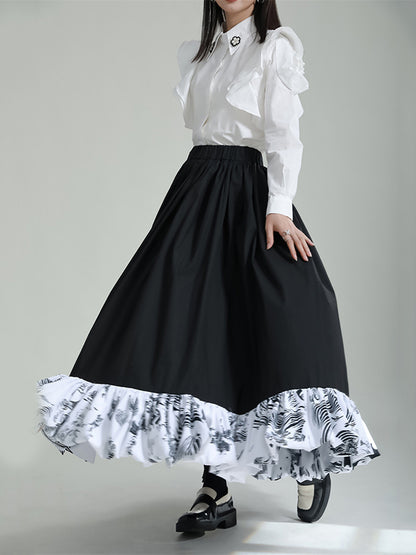 High Waisted Loose Asymmetric Elasticity Pleated Printed Ruffled Split-Joint Skirts Bottoms