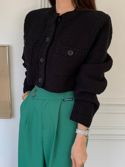Long Sleeves Buttoned Pockets Solid Color Round-Neck Cardigan Tops