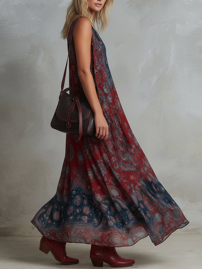 Loose Sleeveless Contrast Color Pleated Printed V-Neck Maxi Dresses