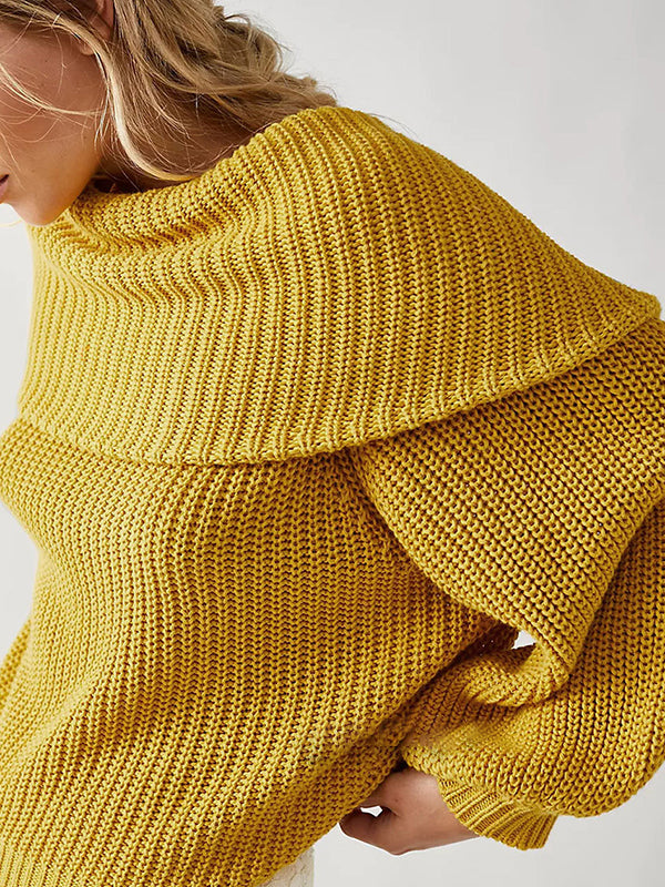 Long Sleeves Loose Solid Color Split-Joint Round-Neck Sweater Tops