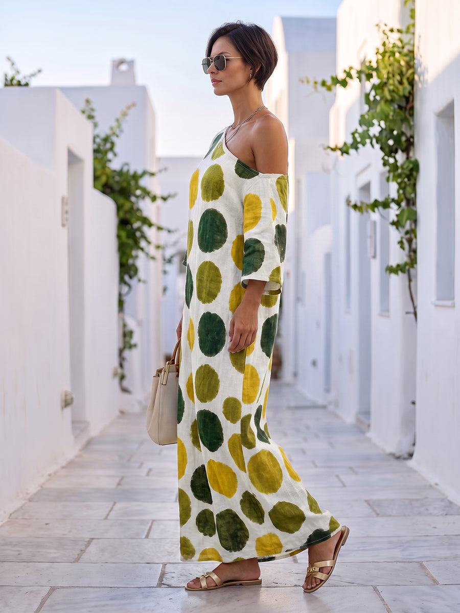 Polka-Dot Pockets Contrast Color Asymmetric Three-quarter Sleeves Loose One-shoulder Maxi Dresses