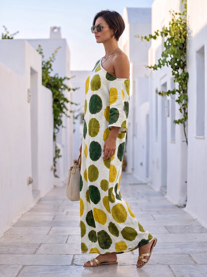 Polka-Dot Pockets Contrast Color Asymmetric Three-quarter Sleeves Loose One-shoulder Maxi Dresses