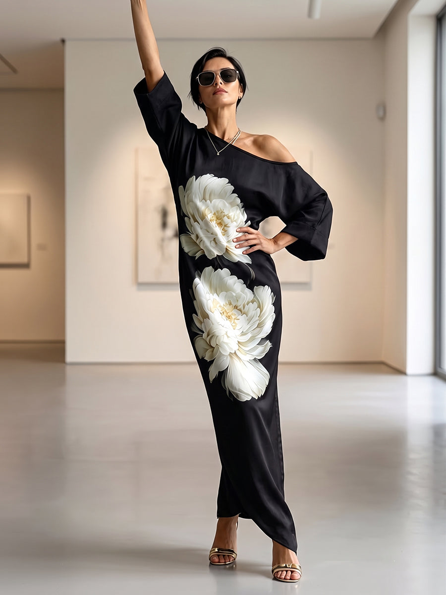 Pockets Flower Print Asymmetric Three-quarter Sleeves Loose One-shoulder Maxi Dresses