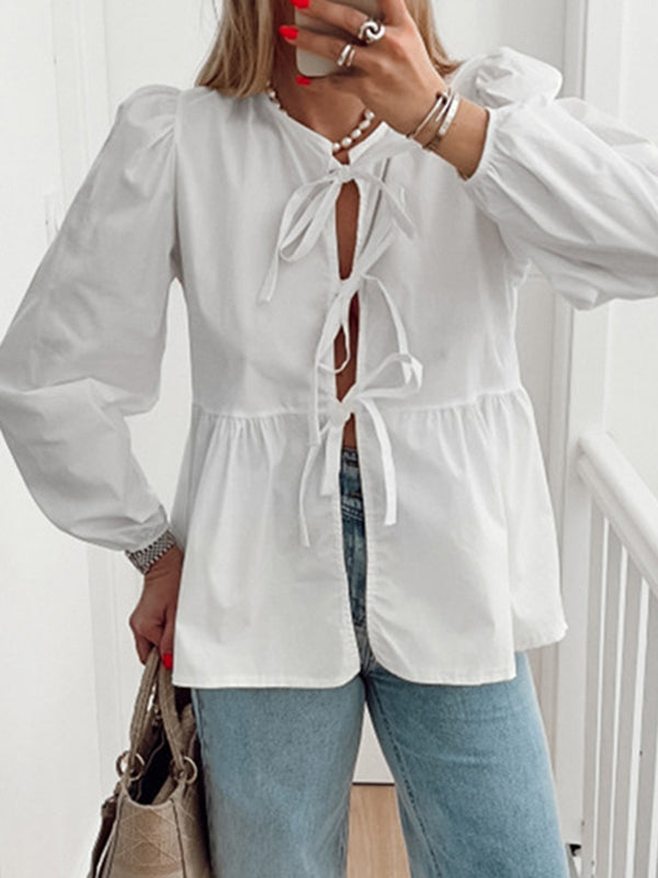 Long Sleeves Loose Elasticity Solid Color Split-Joint Tied Round-Neck Blouses&Shirts Tops