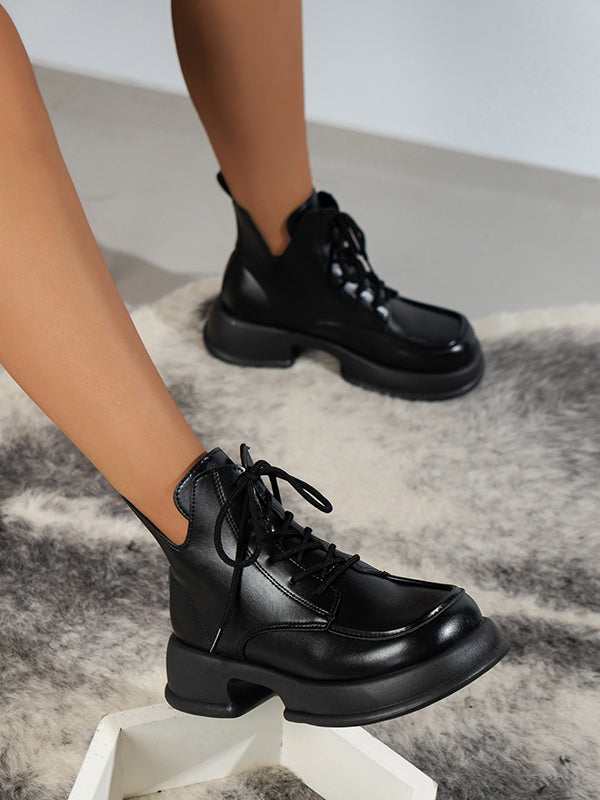 Lace-Up Round-Toe Solid Color Split-Joint Boots