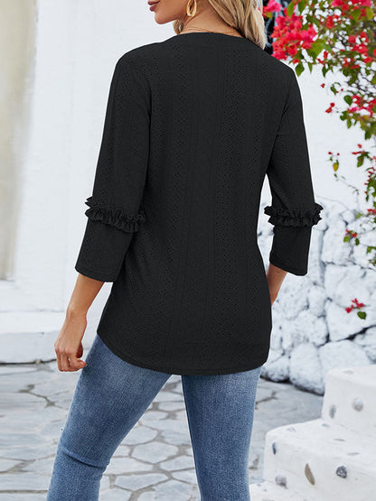 Loose Three-Quarter Sleeves Jacquard Solid Color V-Neck T-Shirts Tops