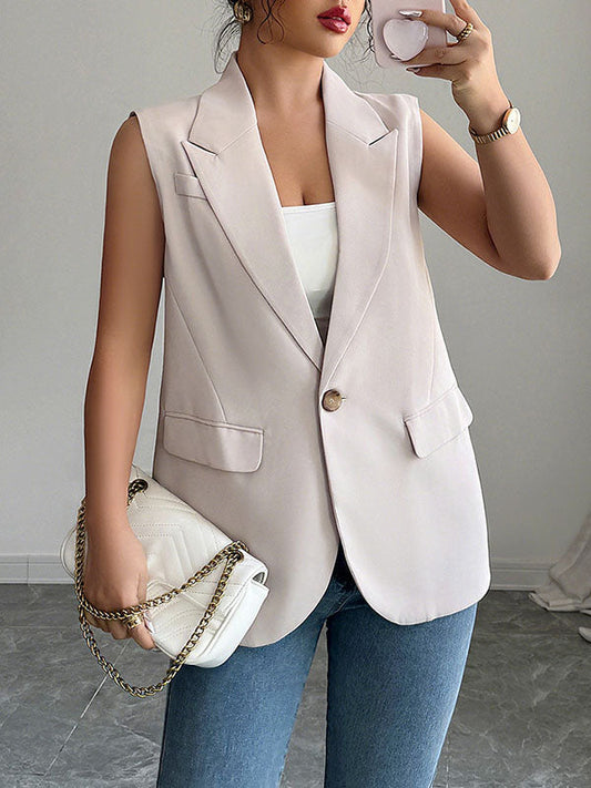Loose Sleeveless Buttoned Pockets Notched Collar Blazer Vest Top