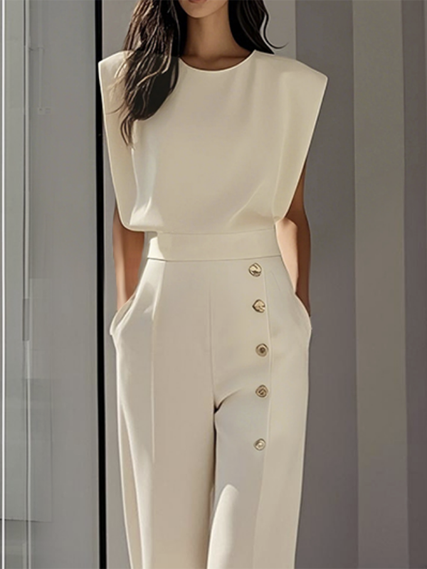 Cap Sleeve Loose Buttoned Solid Color Round-Neck Jumpsuits