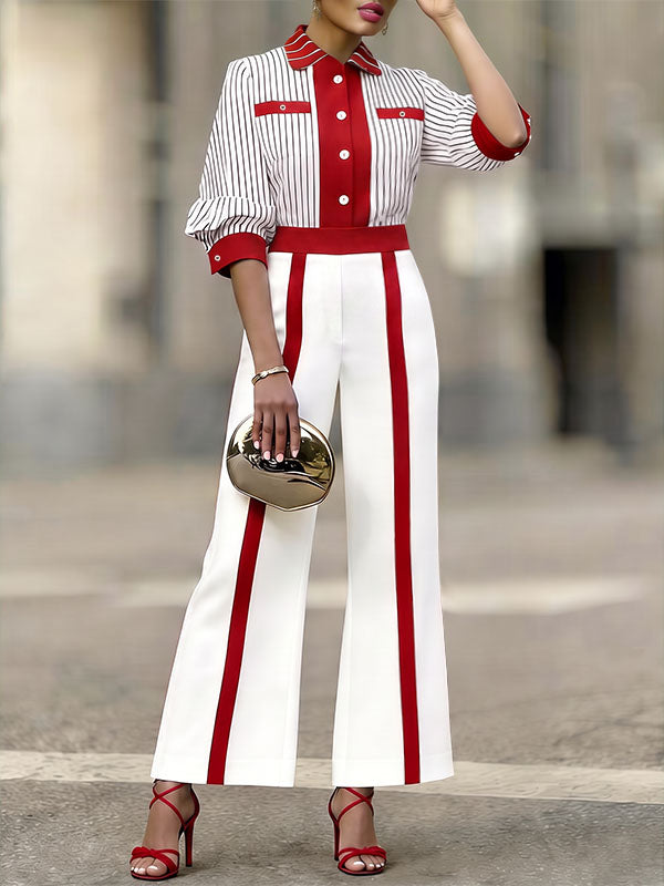 Striped Contrast Color Buttoned Loose Half Sleeves Lapel Blouses&shirts Tops