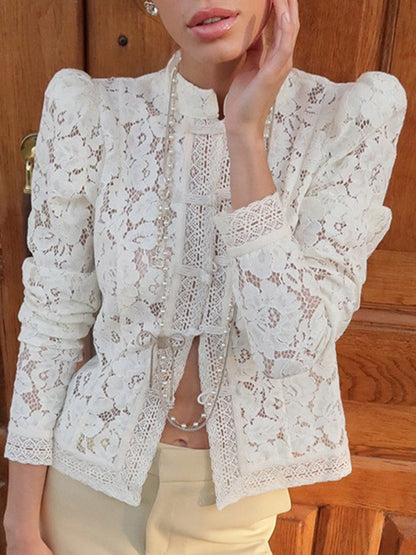 Long Sleeves Crochet Hollow Knot Solid Color Split-Joint Stand Collar Blouses&Shirts Tops