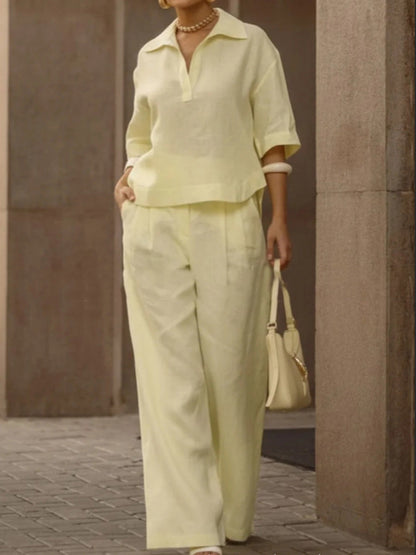 Solid Color Half Sleeves Lapel Blouses&Shirts Tops +  High Waisted Pleated Trousers Pants Two Pieces Set