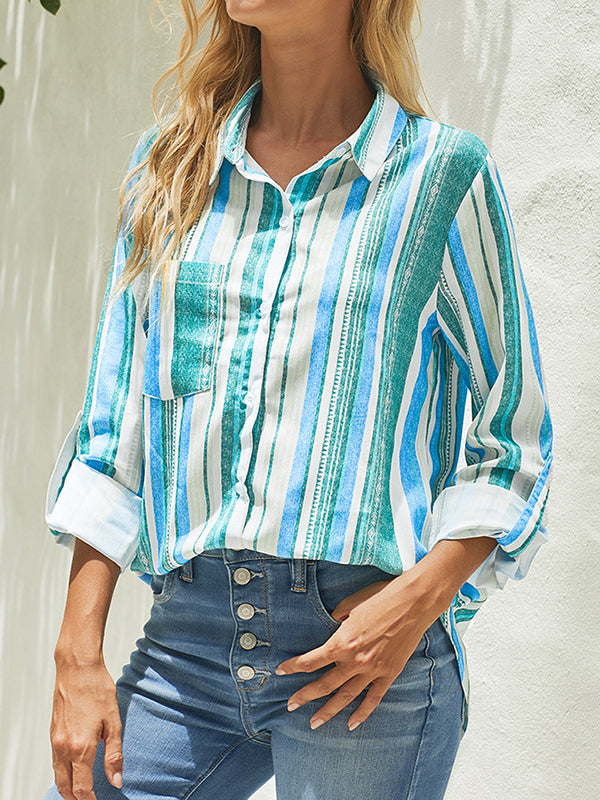 High-Low Long Sleeves Buttoned Pockets Striped Lapel Blouses&Shirts Tops