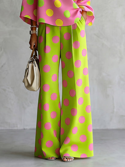 Loose Wide Leg Buttoned Pockets Polka-Dot Pants Trousers