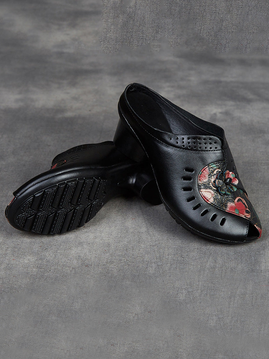 Women Summer Ethnic Flower Leather Spliced Mid Heel Slippers