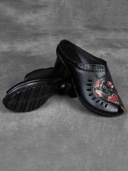 Women Summer Ethnic Flower Leather Spliced Mid Heel Slippers