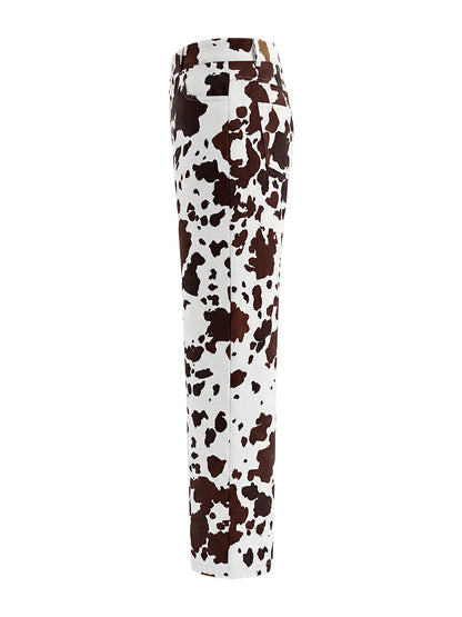 Elasticated Waist High Waisted Contrast Color Cow Printed Split-Joint Pants