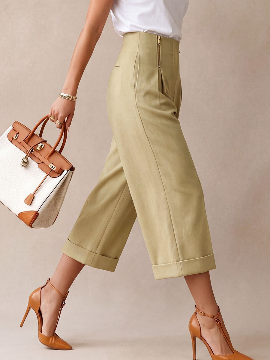 High Waisted Wide Leg Elasticity Pleated Pockets Solid Color Zipper Capri-Pants Cropped Trousers