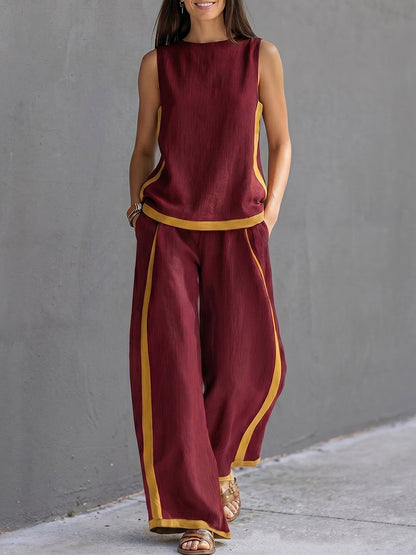 Contrast Color High Waisted Pants + Round-Neck Sleeveless Top Two Pieces Set