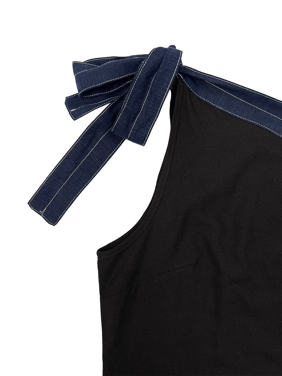 A-Line Sleeveless Asymmetric Contrast Color One-Shoulder Maxi Dresses