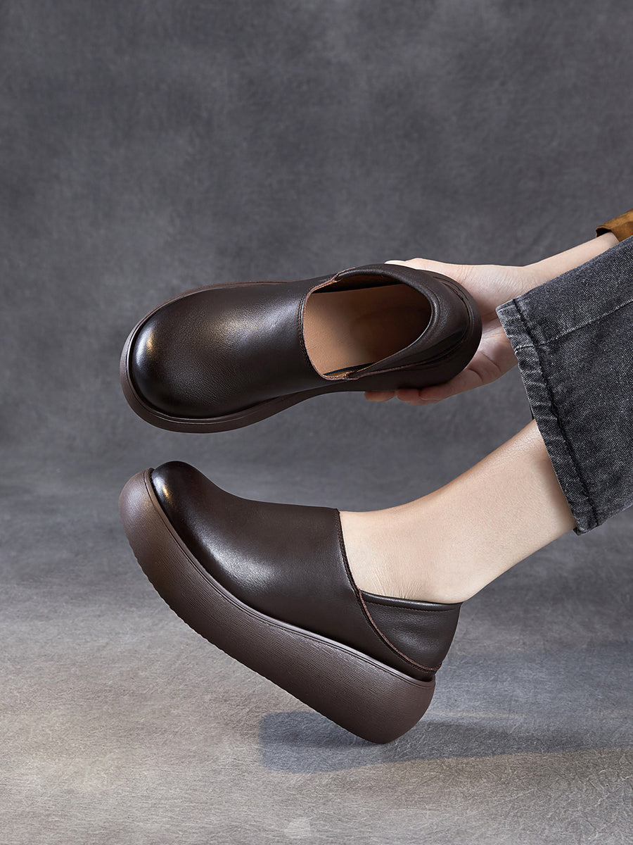 Women Genuine Leather Pure Color Platfrom Shoes