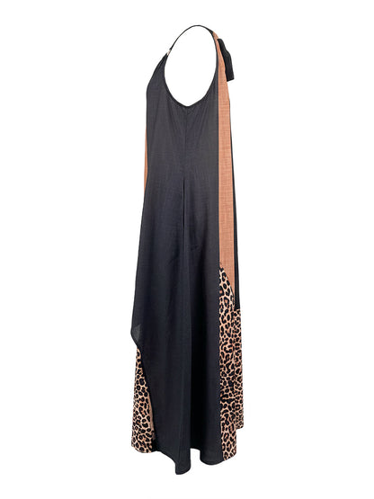 Loose Sleeveless Asymmetric Contrast Color Leopard Pockets Split-Joint Halter-Neck Maxi Dresses