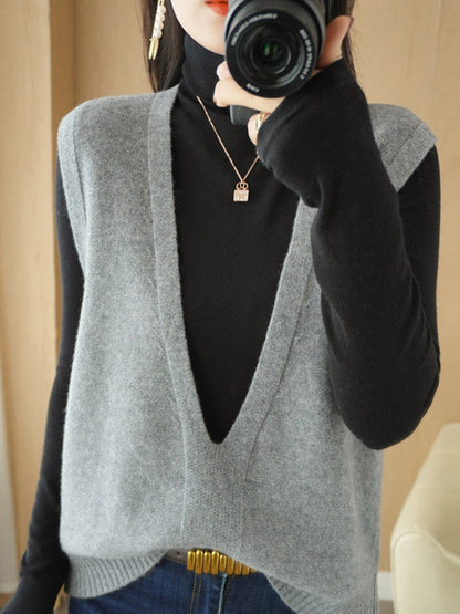 Women Autumn Casual Pure Color V-Neck Knitted Vest