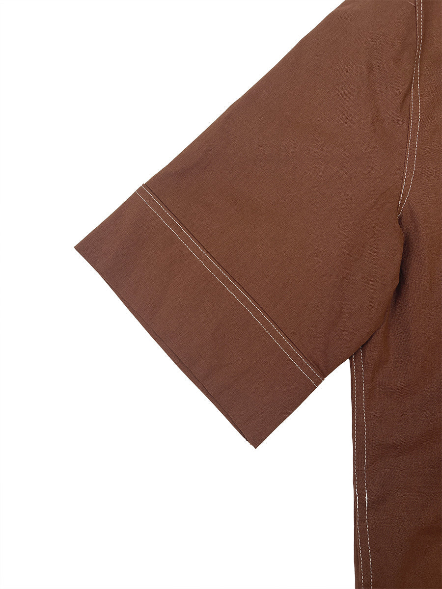 Loose Short Sleeves Pockets Solid Color Zipper Stand Collar Jumpsuits