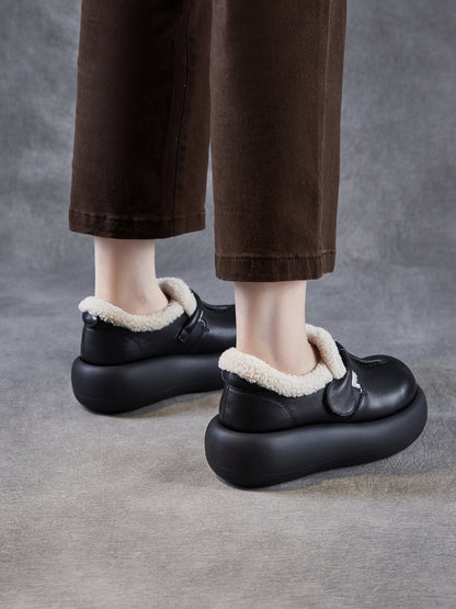 Women Vintage Genuine Leather Fleece-lined Platform Shoes