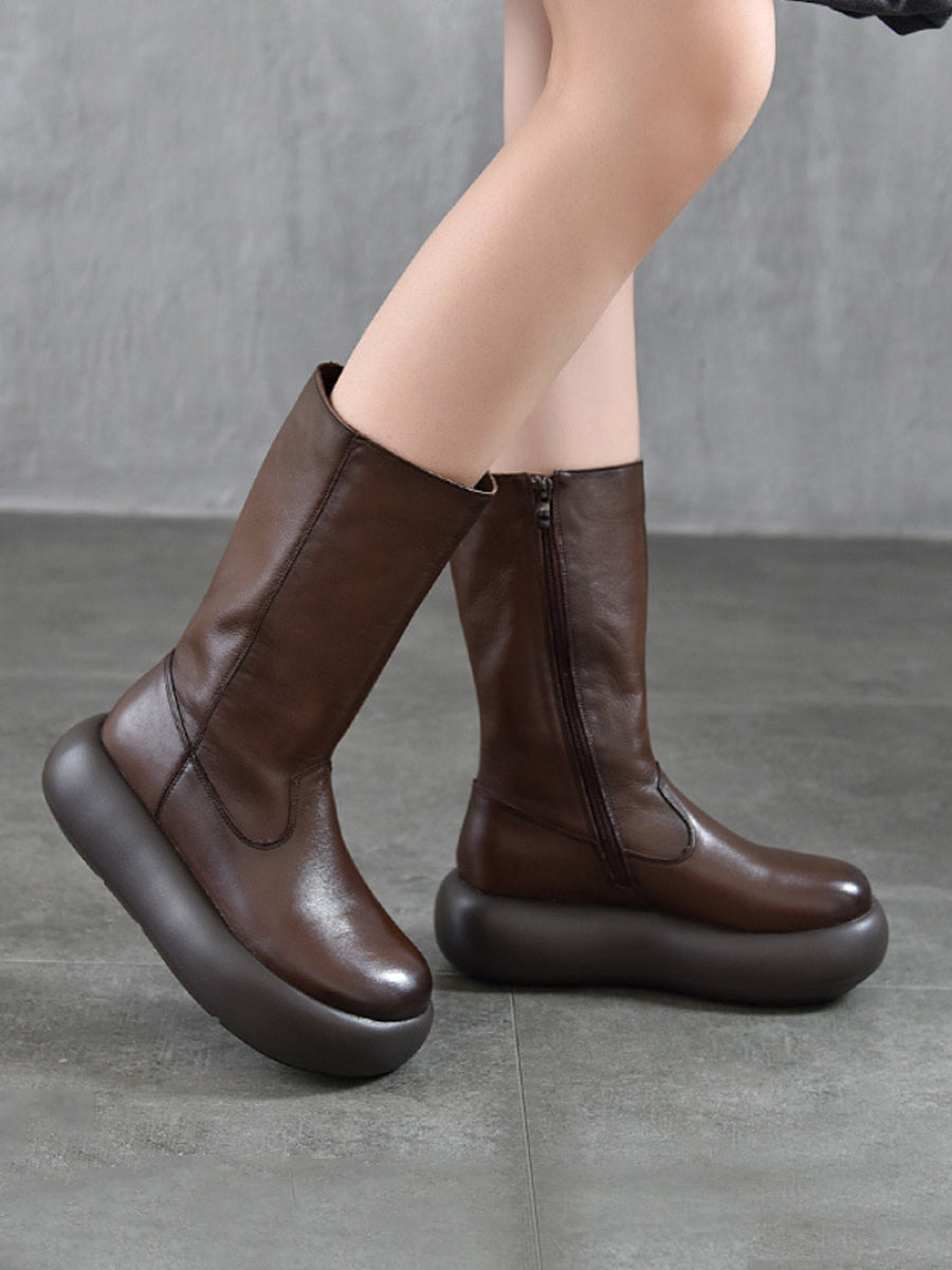 Women Vintage Winter Genuine Leather High Heel Platform Boots