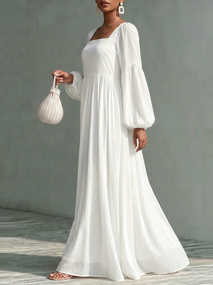 Zipper Split-Joint Solid Color Elasticity Backless Puff Sleeves Loose Square-neck Maxi Dresses