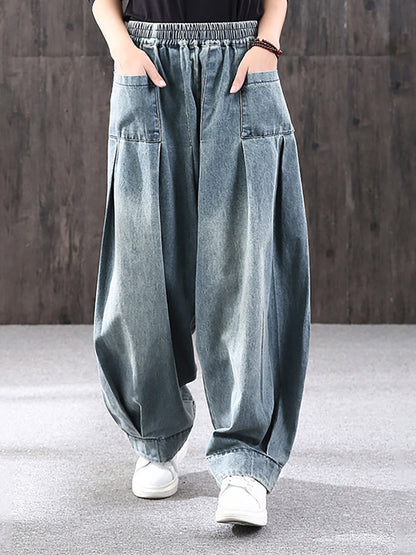 Plus Size - Simple Pure Color Loose Denim Jeans