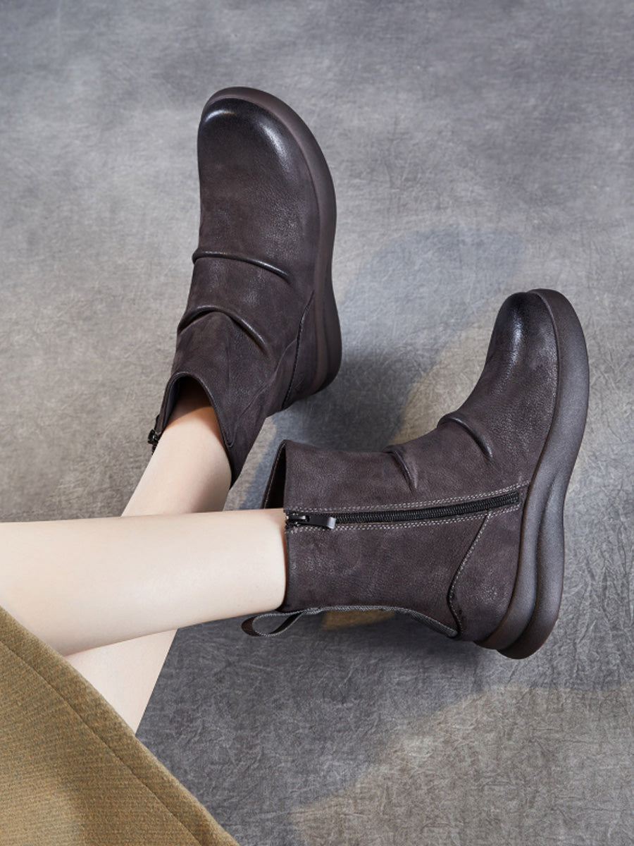 Women Winter Retro Genuine Leater Flat Boots