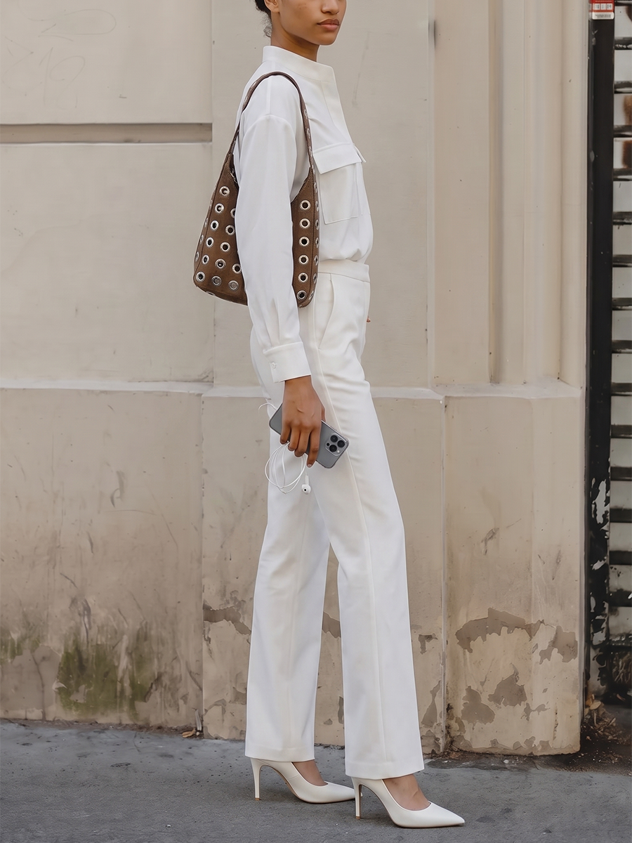 Solid Color Long Sleeves Buttoned Stand Collar Blouses&shirts Tops + Pleated Pockets High Waisted Pants Trousers Two Pieces Set