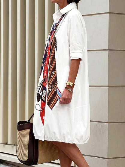 Long Sleeves Loose Buttoned Pockets Printed Lapel Midi Dresses
