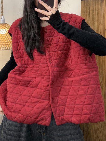 Plus Size Women Retro Solid Rhomboid O-Neck Vest Coat