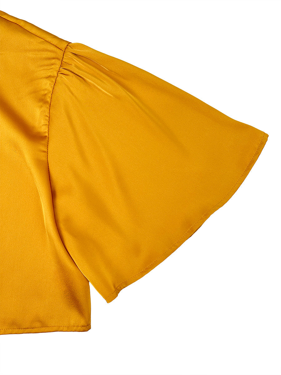 Cropped Flared Sleeves Contrast Color Pleated Stand Collar Blouses&Shirts Tops