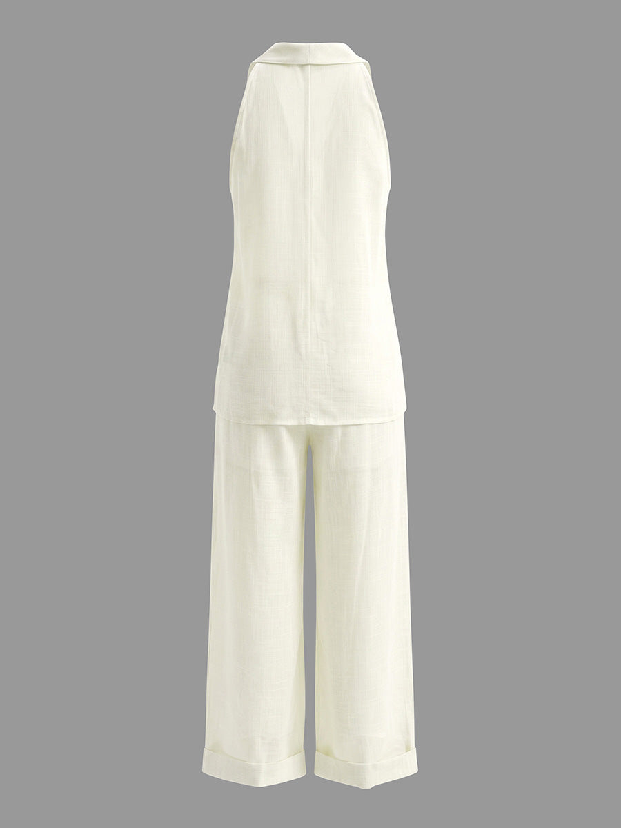 Loose Solid Color V-Neck Sleeveless Vest Top + Pockets Pants Trousers Two Pieces Set