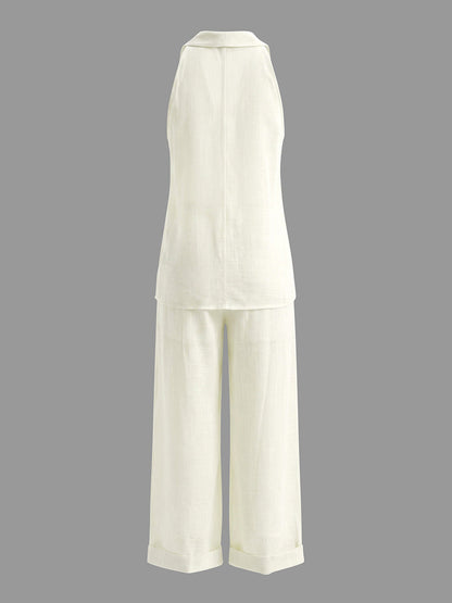 Loose Solid Color V-Neck Sleeveless Vest Top + Pockets Pants Trousers Two Pieces Set