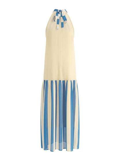 A-Line Loose Contrast Color Pleated Striped Halter-Neck Maxi Dresses