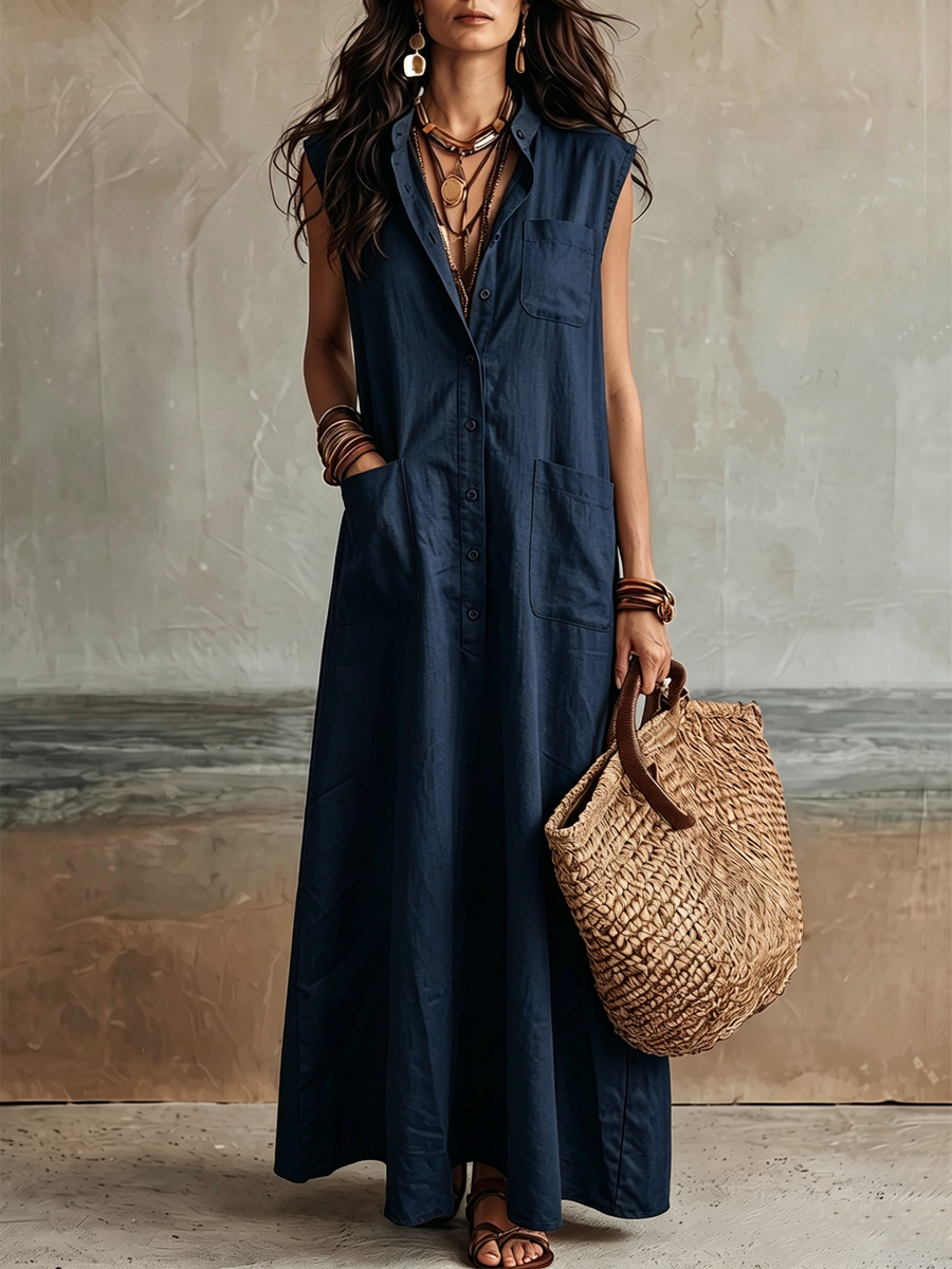 Loose Sleeveless Buttoned Pockets Solid Color Lapel Maxi Dresses