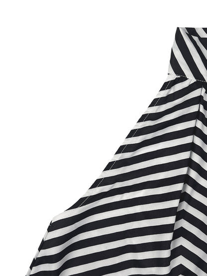 A-Line Loose Backless Contrast Color Elasticity Pockets Halter-Neck Maxi Dresses