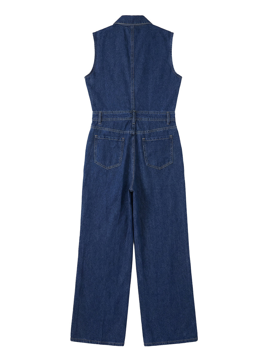 Loose Plus Size Buttoned Pockets Solid Color Split-Joint Stand Collar Jumpsuits