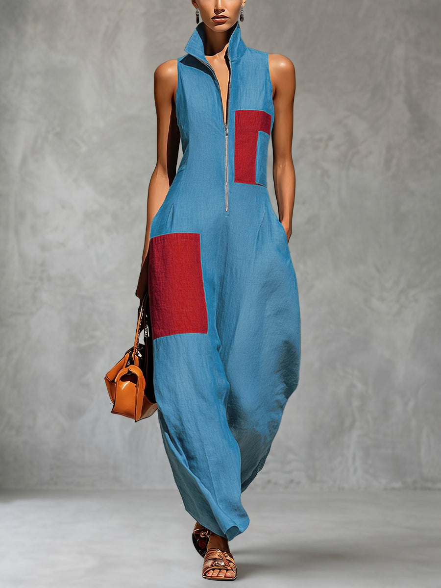 Loose Wide Leg Contrast Color Pockets Lapel Jumpsuits