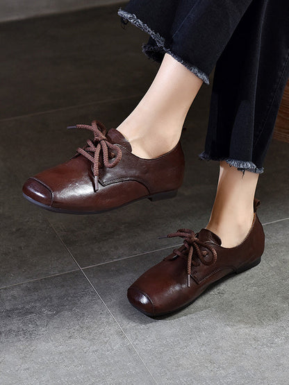 Women Vintage Genuine Leather Square-toe Low Heel Shoes