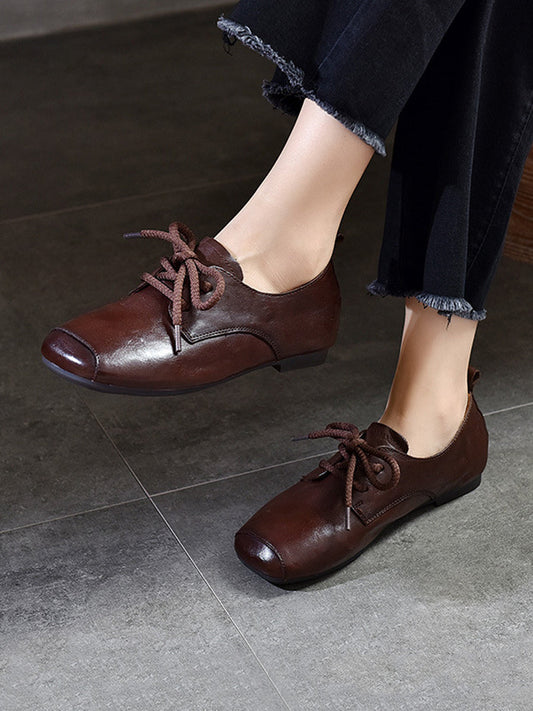 Women Vintage Genuine Leather Square-toe Low Heel Shoes