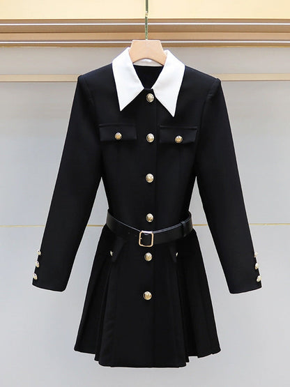 Elasticated Waist Long Sleeves Belted Buttoned Contrast Color Pleated Single-Breasted Lapel Mini Dresses Shirt Dress